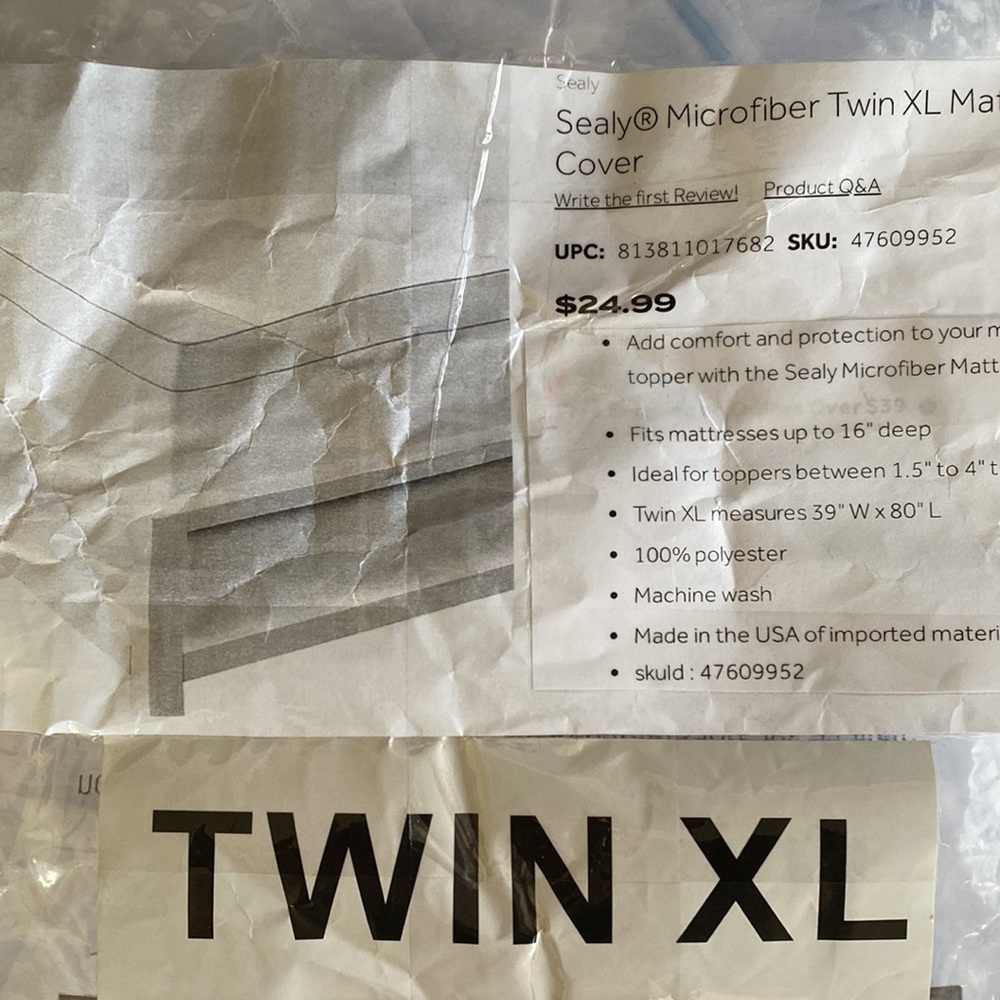 New, never used, Sealy Microfiber Twin XL Mattress Topper Cover